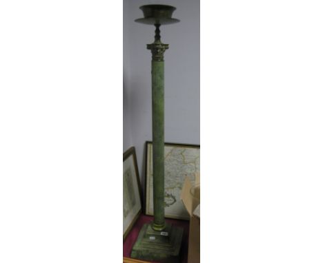 Bronzed Floor Lamp, reeded column on stepped base, with glass shade. 