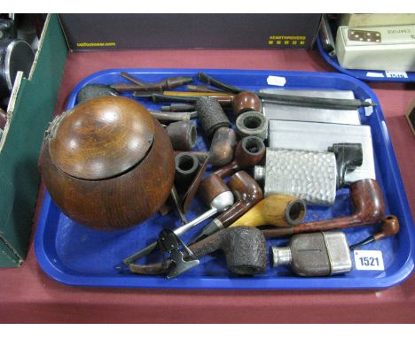 Vintage Smoking Pipes, varying bowls, pipe smokers reamer, miniature hip flasks, oak globular caddy and chrome effect cigaret