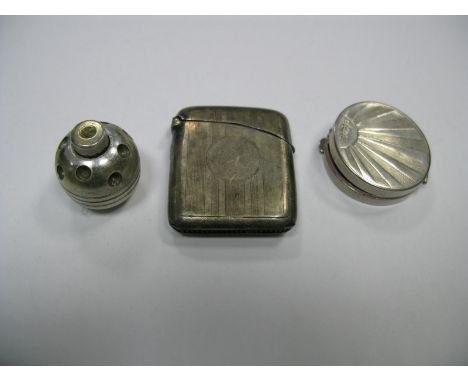 A Hallmarked Silver Vesta Case, engine turned, "June" rouge compact, etc.