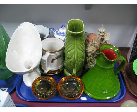 Pair of Whitefriars Bowls, with bubble inclusions, Spode blue and white, teapot and cup, etc:- One Tray