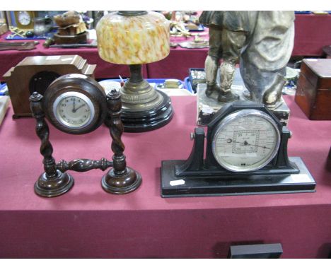 1920's Prestons Limited Bolton Aneroid Barometer, on a bakelite stand, together with a 1920's oak mantel clock on barley twis