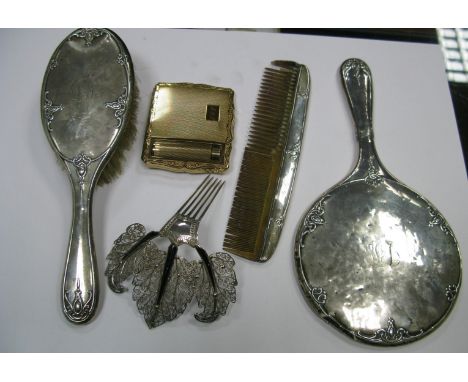 A Hallmarked Silver Mounted Three Piece Dressing Table Set; together with a decorative Indian hair comb/ornament and a Stratt