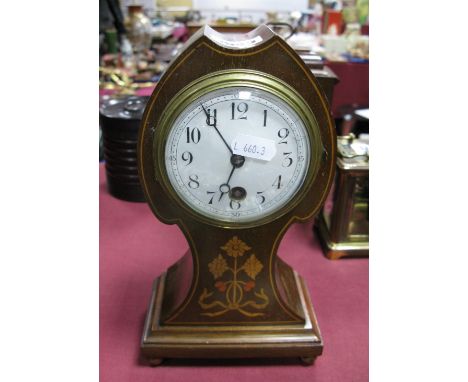 An Edwardian Inlaid Mantel Clock, with enamel dial, stepped base, on brass bun feet.