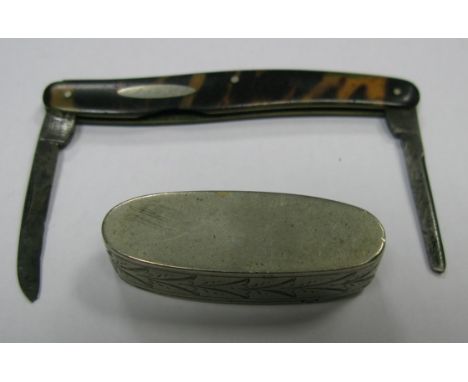 A XIX Century Snuff Box, of elongated oval form, leaf scroll engraved, with hinged lid; together with a Venture Slater Bros (