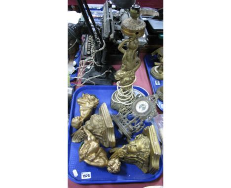 Pair of Gilt Cherub Wall Shelves and Finial's, mantel clock, table lamp:- One  Tray