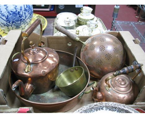 A Victorian Copper Kettle, swan neck spout and acorn finial, copper circular pan, brass pan, copper collinder, etc:- One Box