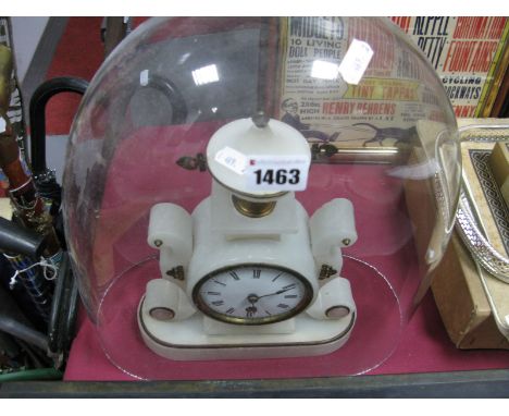 French Alabaster Mantle Clock, circa 1900, with brass mounts, eight day movement, black Roman numerals to white enamel dial, 