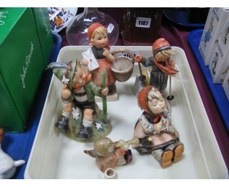 Hummel Pottery Figures, 'Meditation', 'Skier', 'Elf Boy', (repaired), 'Girl Knitting', 'Angel Flutist'. (5)
