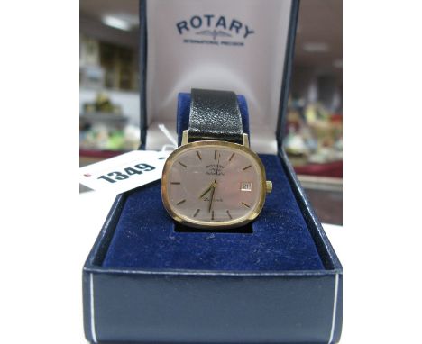 Rotary; A 9ct Gold Cased Automatic Gent's Wristwatch, the signed cushion shape dial with baton markers and date aperture, the