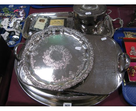 An Arts & Crafts Style Hammered Pewter Twin Handled Tray, a Classical style caddy, of oval form, an elongated rectangular tra