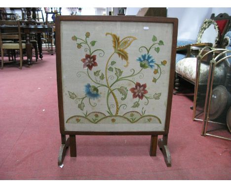 Oak Fire Screen/Table, with needlework inset panel; Wadsley Lane print. (2)