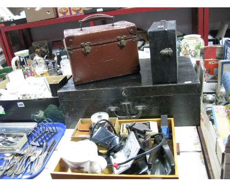 A Child's Cased Sewing Machine, tool box, cutthroat razor, novelty nutcrackers, Datamatch calculator, miniature anvil, mirror