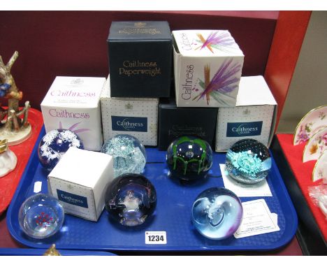 Caithness Paperweights: Blue Splash, Aquamarina No. 1501; Magic Carpet No. 169/750 (boxed with certificates); Marquee; Mayflo