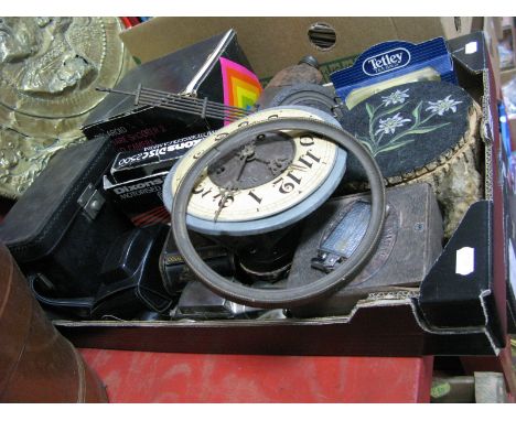 An Early XX Century Clock Face, novelty money box, cigar box, assorted cameras including motorised 2500, Polaroid, hip flask,