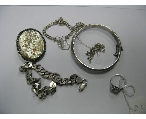 Decorative Mother of Pearl Brooch, a hallmarked silver bangle, bracelets and a 9ct white gold cluster dress ring. 