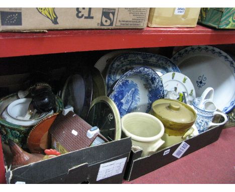 Majolica Style Planter, XX Century meat plate, storage jars, etc:- Two Boxes