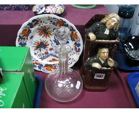XIX Century Stafforshire Type Pottery, Jack in the Pulpit figure group, 23.5cm tall, dessert plate, glass decanter .(3)