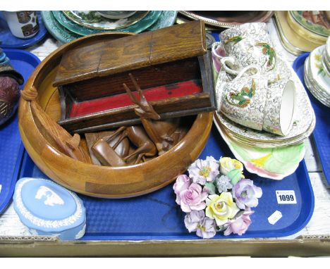 Early XX Century Oak Inkstand, 'Hainan' T.V. cups and saucers, posy, Wedgwood trinket, wooden bowl, etc:- One Tray