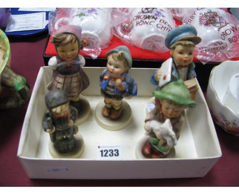 Hummel Pottery Figures, 'Postman', ' The Lost Sheep', 'Chimney Sweep', 'Home From Market' and 'Which Hand', all on circular b