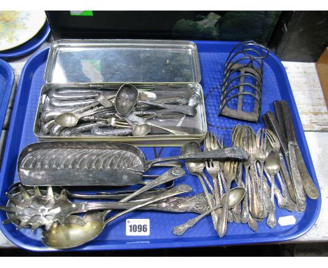 A Pistol Shaped Knife, fork, silver hallmarked feeding spoon, plated crumb tray, toast rack, etc:- One Tray