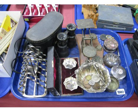Electroplated Toast Rack, sugar basin, cased salts, trinket pots, early XIX Century postal scales, binoculars, cartwheel penn