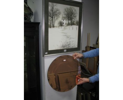 A Mid XX Century Circular Pink Tinted Wall Mirror, engraved scroll highlights and a colour print 'Winter', after K. Caddick (