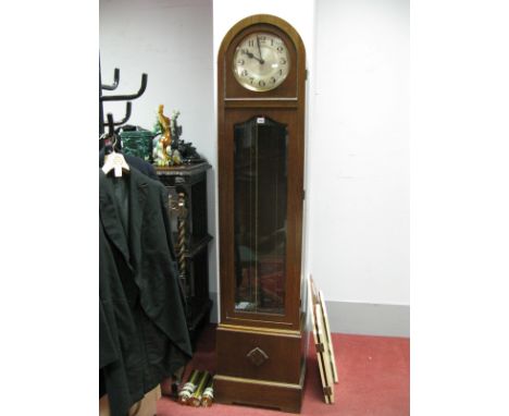 A 1920's Oak Cased Three Weight Grandfather Clock, with silvered dial, glazed, plinth base.
