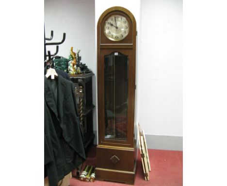 A 1920's Oak Cased Three Weight Grandfather Clock, with silvered dial, glazed, plinth base.