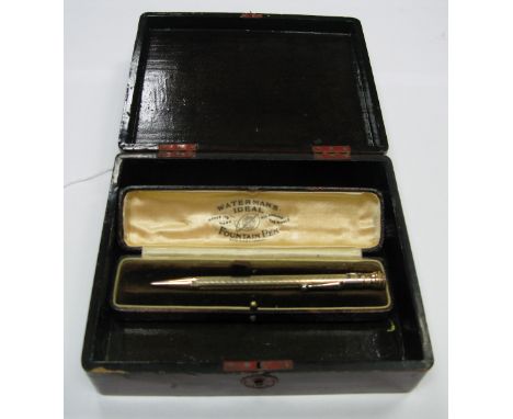 Eversharp Engine Turned Pencil, in a 'Waterman's Ideal' Fountain Pen case; together with a lacquered box. 