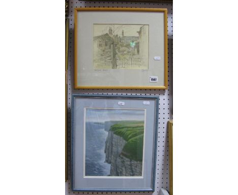 R. Gibson Backyard Halsworth Watercolour 17.5 x 22cm signed to mount, Norman Bevan, 'bempton Cliffs' arcylic 26.5  x 22.5cm, 