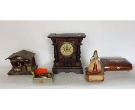 A collection of automaton type music box horology to include a Sorrento type jewellery casket fitted with a music box, a Blac