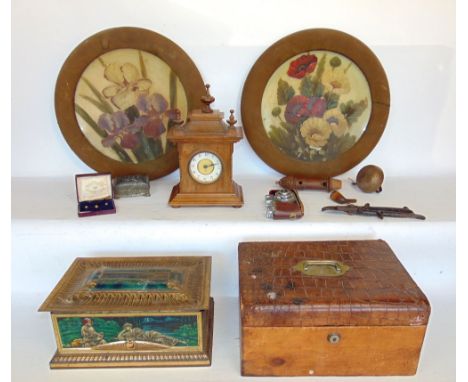 A mixed lot to include two boxes of interesting items to include cameras, treen ware, flatware, German mantle clock and a pai