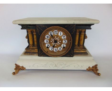 A painted wooden architectural mantle clock, fitted with lion head handles and gilt pilasters, converted to quartz, 28cm high