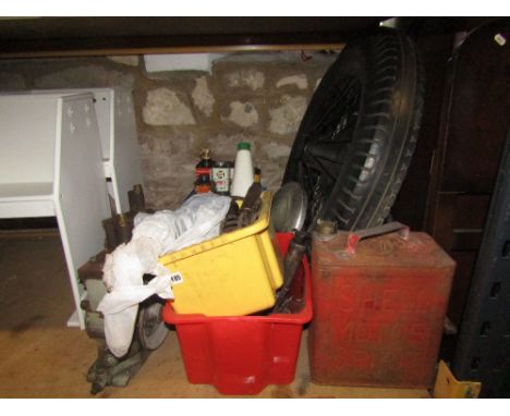 One lot of vintage and later automobilia to include a wire spoke wheel with Avon heavy duty pneumatic tyre, a Shell petrol ca