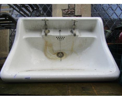 Two reclaimed white glazed ceramic sinks complete with taps "Rowanco" number 367