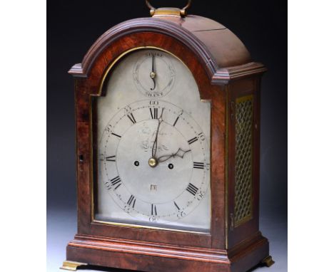 Good Georgian mahogany double fusee bracket clock by Thomas Jackson of London, the arched silvered dial with Arabic and Roman