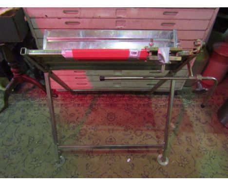 A Clarke x framed folding saw bench, small quantity of garden tools and collection of down lighters