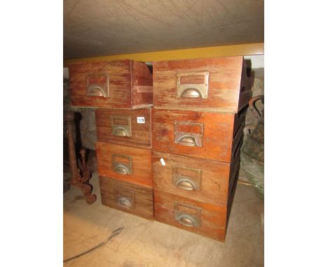 Eight vintage mahogany index filing drawers with brass cup handles 