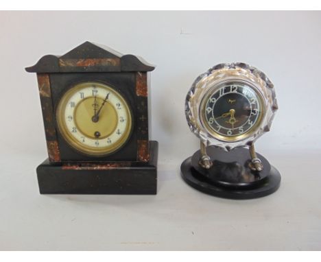A 19th century single train black slate mantle clock, 24" high; together with a further Majak Made in USSR retro mantle clock