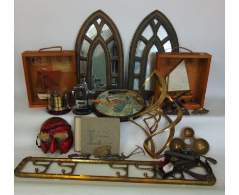 A collection of miscellaneous items to include a wool work foot stool, a cast brass folding coat rack,  two boxed scale model