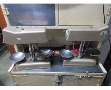 Two vintage Omal Moneychecker ex bank cashiers scales together with a set of postal scales stamped DE Grave Short & Co Ltd