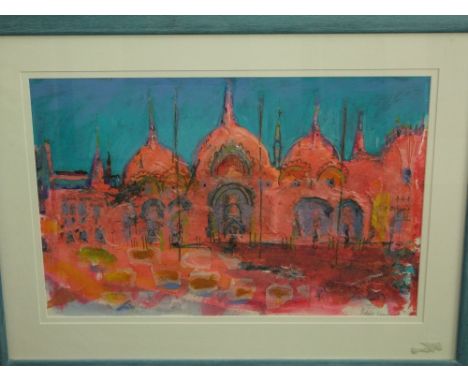 A pair of unusual paper and mixed media collages by Adele Lambert, both showing St Mark's Square, Venice, inscribed verso and