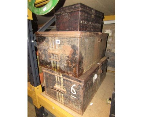 Two similar vintage steel chests with hinged lids and side carrying handles together with a small japanned tin box with hinge