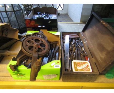 A vintage cast iron hand operated bench grinder with sharpening stone together with a quantity of adjustable spanners, small 