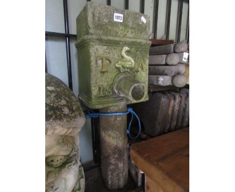 A reclaimed lead drain water hopper with pronounced spout and raised lettering 'TA' flanking a swan and dated 1801