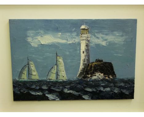 A 20th century oil painting on canvas, painted in the impasto technique, showing a coastal scene of sailing boats passing Fas