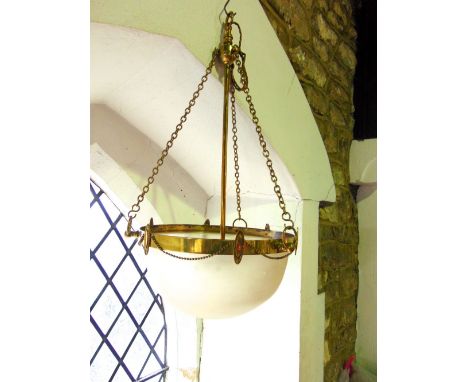 Art nouveau gilt brass domed glass ceiling light, with bobbin chain garland, 75cm long