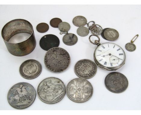 A 19th century silver pocket watch with engine turned decoration; together with a further silver napkin ring and a collection