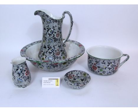A Deans Burslem Ye Old Dresden jug and basin set including chamber pot, toothbrush jar and soap dish, together with a blue an