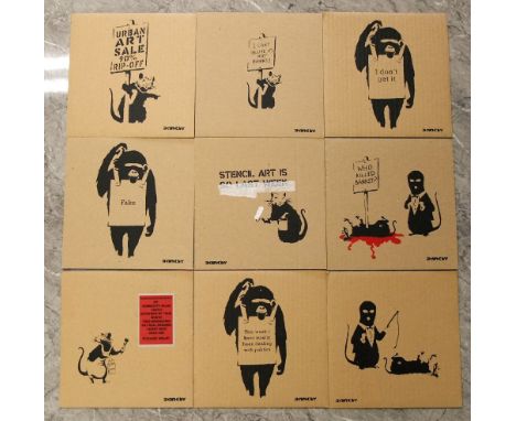 Set of nine works on cardboard, limited editions on 100, signed verso with emblem of a stick man with a spray paint can, 'NOT